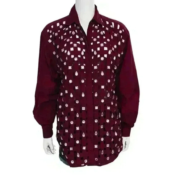 Yak Magik Vintage Rhinestone Basket Weave Button Down Shirt Deep Plum Size L - Picture 8 of 8